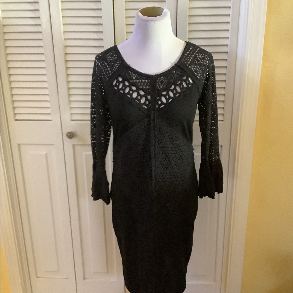 Free People Black Embellished Sheath Dress with 3/4 Bell Sleeves